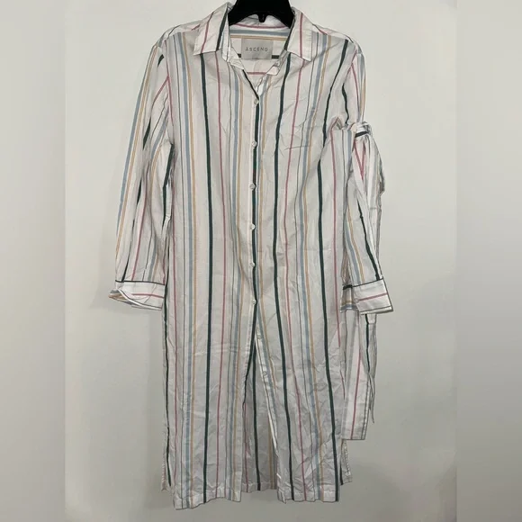 Asceno Mixed Stripe Shirt Dress White Colourful Cotton Sz S #D1
